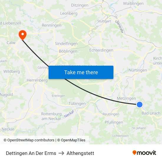 Dettingen An Der Erms to Althengstett map