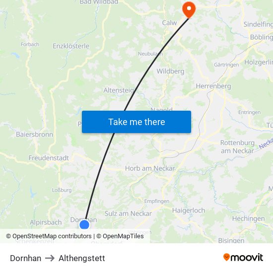 Dornhan to Althengstett map