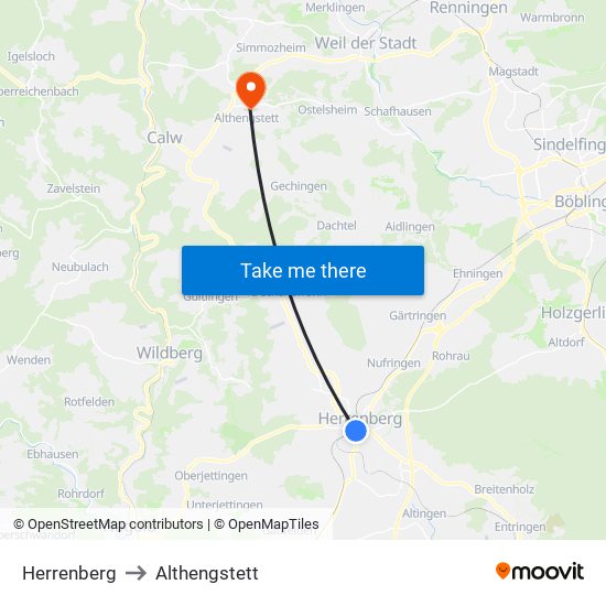 Herrenberg to Althengstett map