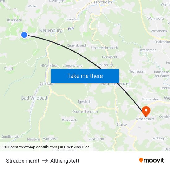 Straubenhardt to Althengstett map