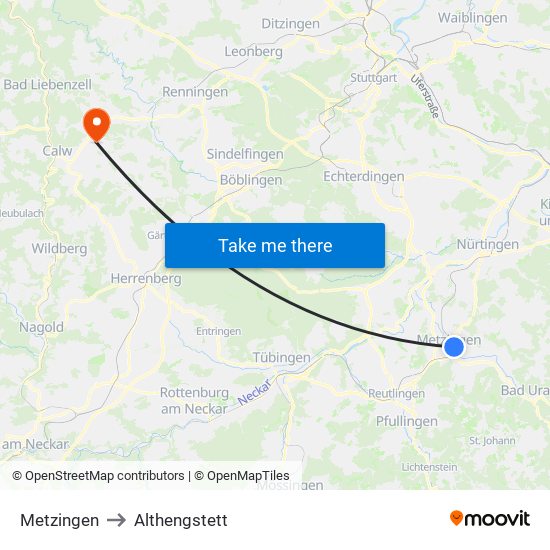 Metzingen to Althengstett map