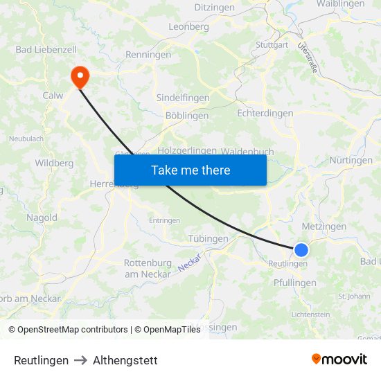 Reutlingen to Althengstett map