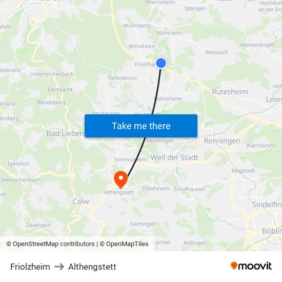 Friolzheim to Althengstett map