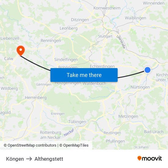 Köngen to Althengstett map