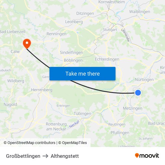 Großbettlingen to Althengstett map