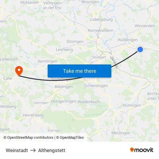 Weinstadt to Althengstett map