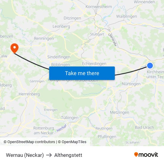 Wernau (Neckar) to Althengstett map