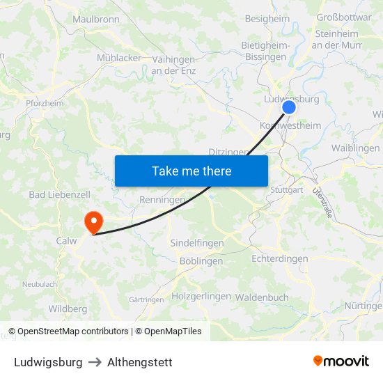 Ludwigsburg to Althengstett map