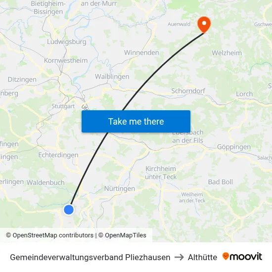 Gemeindeverwaltungsverband Pliezhausen to Althütte map