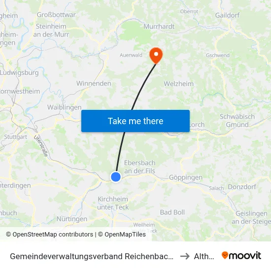 Gemeindeverwaltungsverband Reichenbach An Der Fils to Althütte map