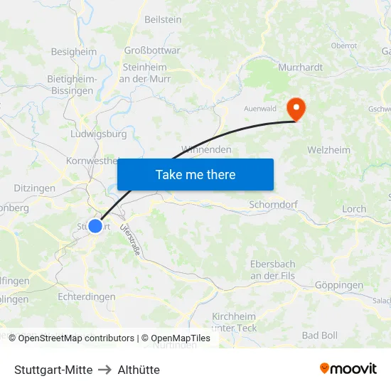 Stuttgart-Mitte to Althütte map