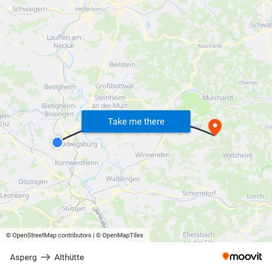 Asperg to Althütte map