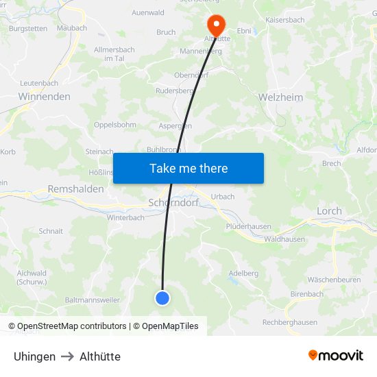 Uhingen to Althütte map
