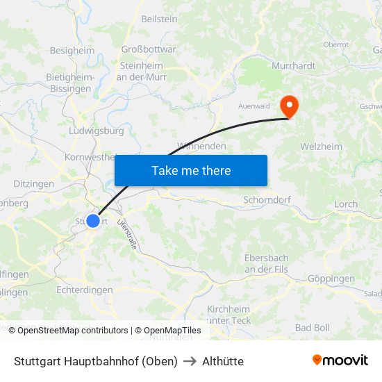 Stuttgart Hauptbahnhof (Oben) to Althütte map