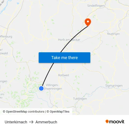 Unterkirnach to Ammerbuch map