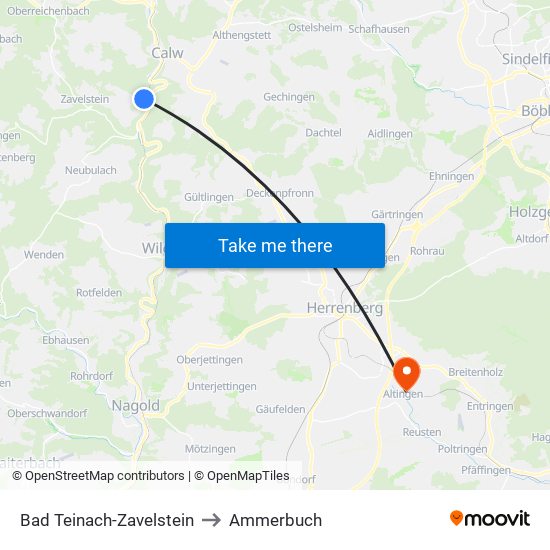 Bad Teinach-Zavelstein to Ammerbuch map