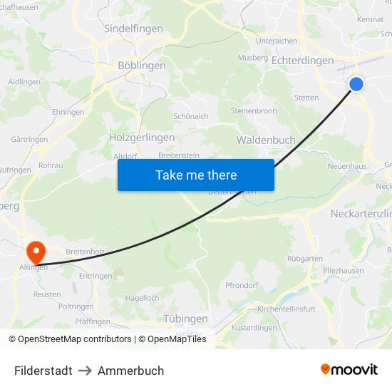 Filderstadt to Ammerbuch map