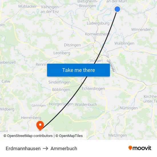 Erdmannhausen to Ammerbuch map