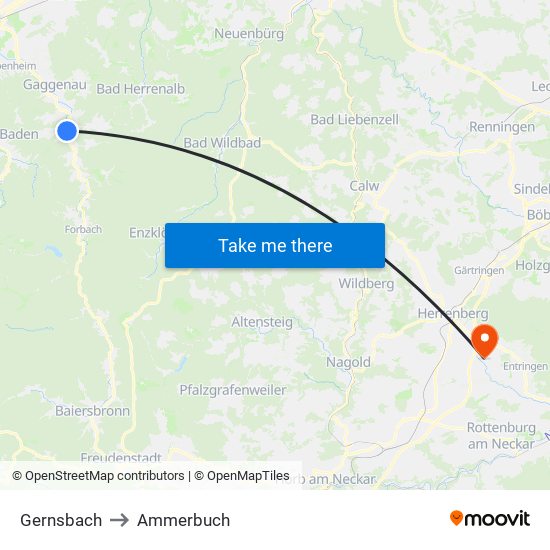 Gernsbach to Ammerbuch map