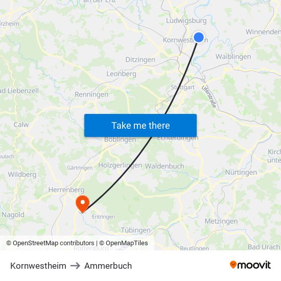 Kornwestheim to Ammerbuch map