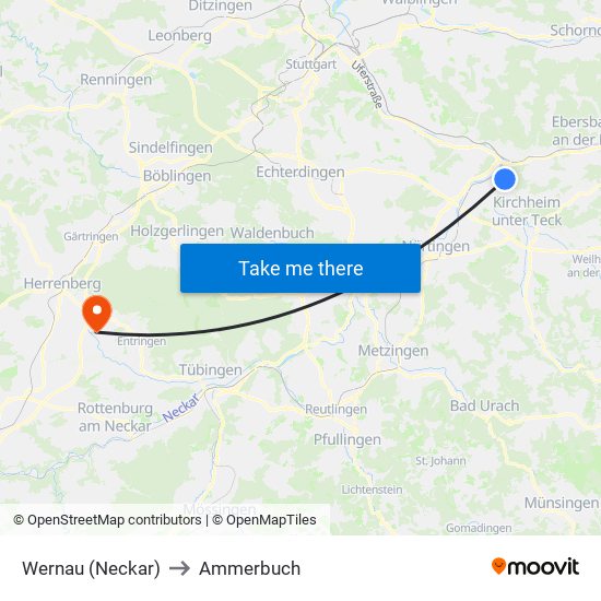 Wernau (Neckar) to Ammerbuch map
