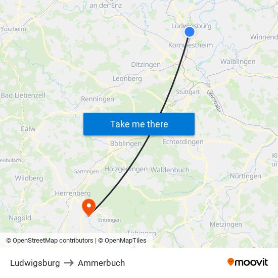 Ludwigsburg to Ammerbuch map