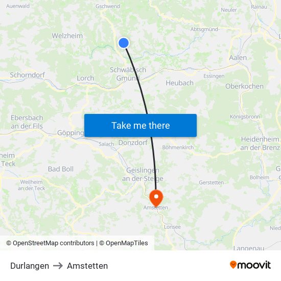 Durlangen to Amstetten map
