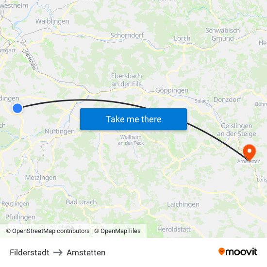 Filderstadt to Amstetten map