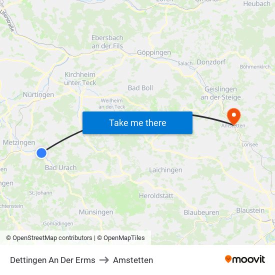 Dettingen An Der Erms to Amstetten map