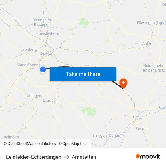 Leinfelden-Echterdingen to Amstetten map