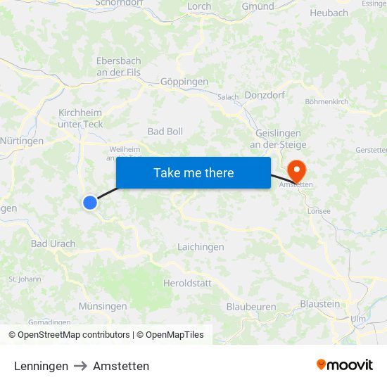 Lenningen to Amstetten map