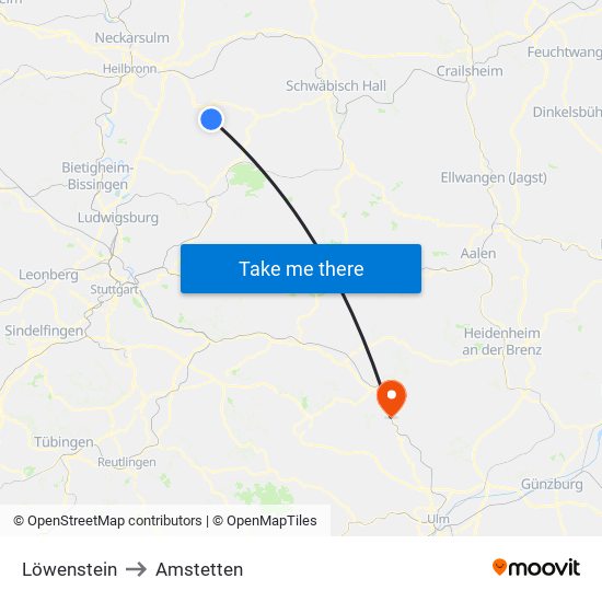 Löwenstein to Amstetten map