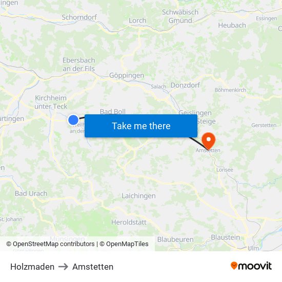 Holzmaden to Amstetten map