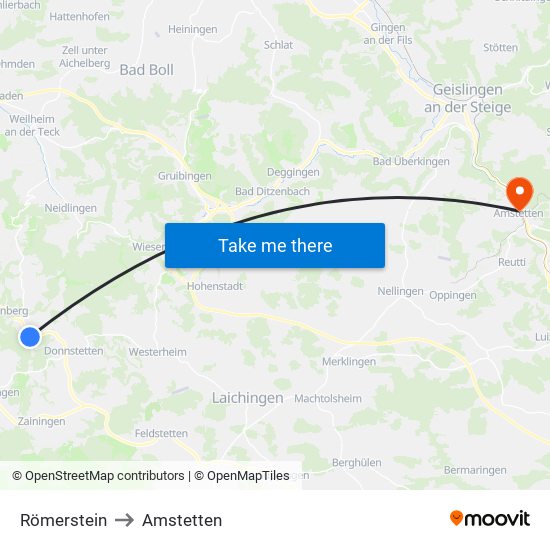 Römerstein to Amstetten map