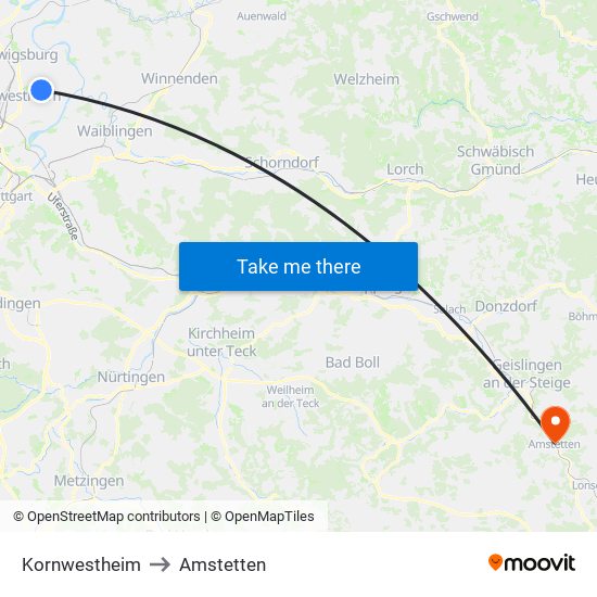 Kornwestheim to Amstetten map