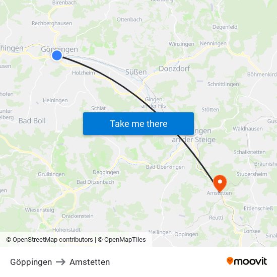 Göppingen to Amstetten map