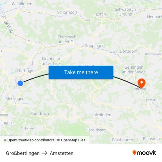 Großbettlingen to Amstetten map