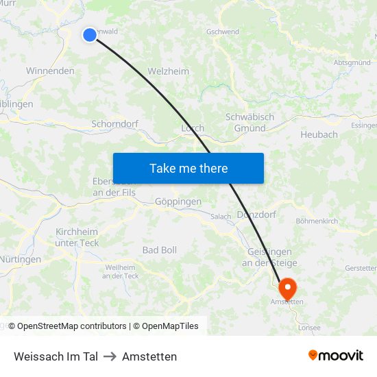 Weissach Im Tal to Amstetten map