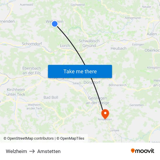 Welzheim to Amstetten map