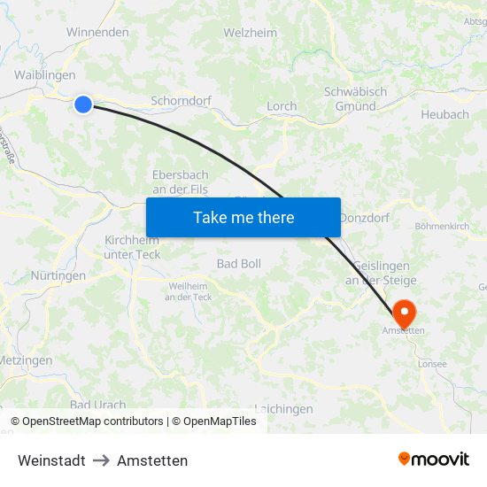 Weinstadt to Amstetten map