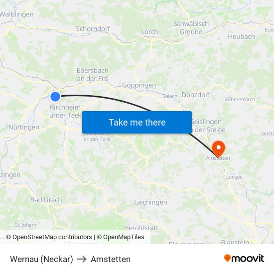 Wernau (Neckar) to Amstetten map