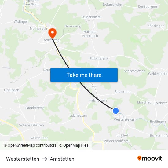 Westerstetten to Amstetten map
