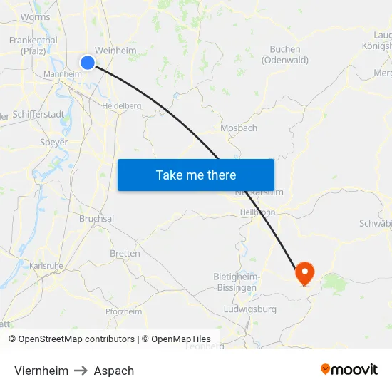 Viernheim to Aspach map