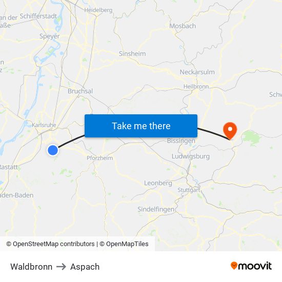 Waldbronn to Aspach map
