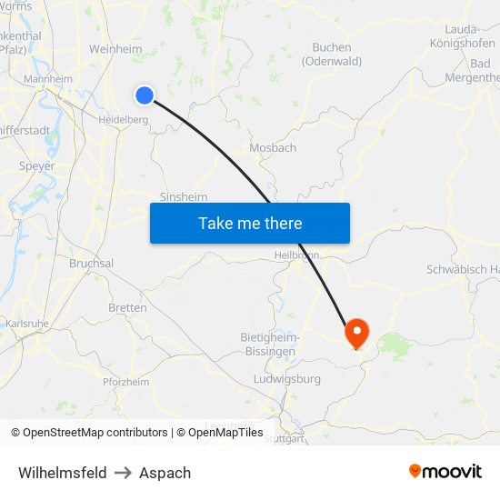 Wilhelmsfeld to Aspach map