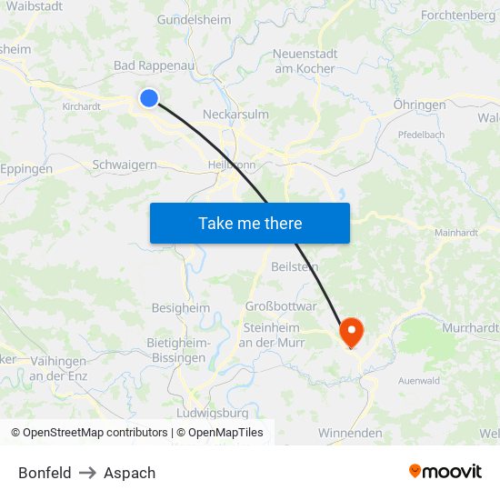 Bonfeld to Aspach map