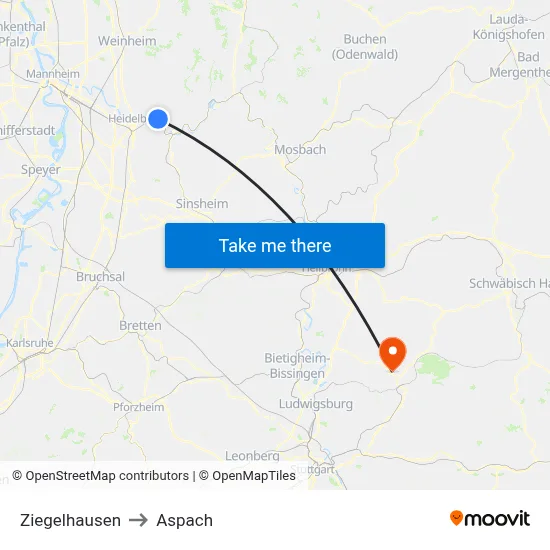 Ziegelhausen to Aspach map