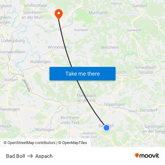 Bad Boll to Aspach map