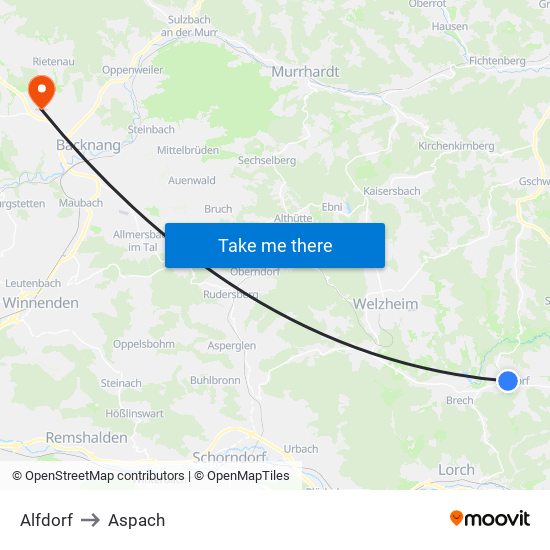 Alfdorf to Aspach map