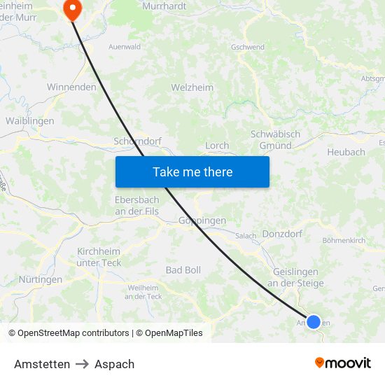 Amstetten to Aspach map